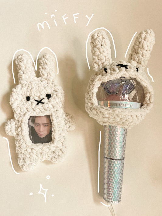 Crochet Miffy lightstick cover and pc holder